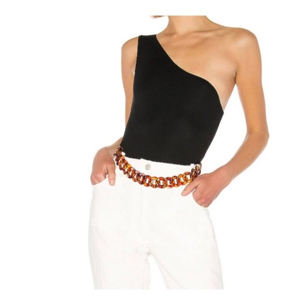 NWT L'Academie Black One Shoulder Belted Bodysuit Size Medium